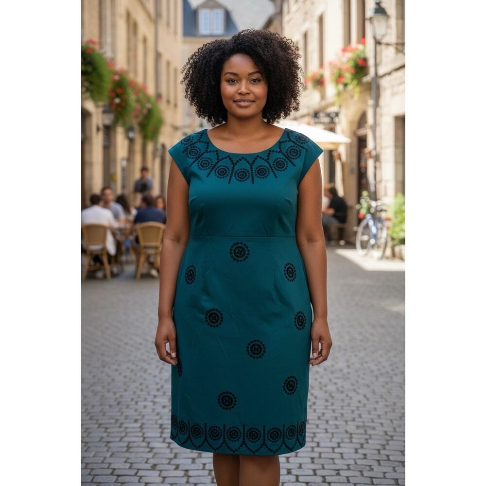 Boden Short Sleeve Embroidered Sheath Cocktail Dress Teal Blue 14L Boho Office